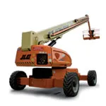 Oranje JLG-hoogtewerker met knikarm en opgeheven werkbak.