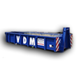 Blauwe VDM-container met lage zijkanten, houten bodem en haakarm.
